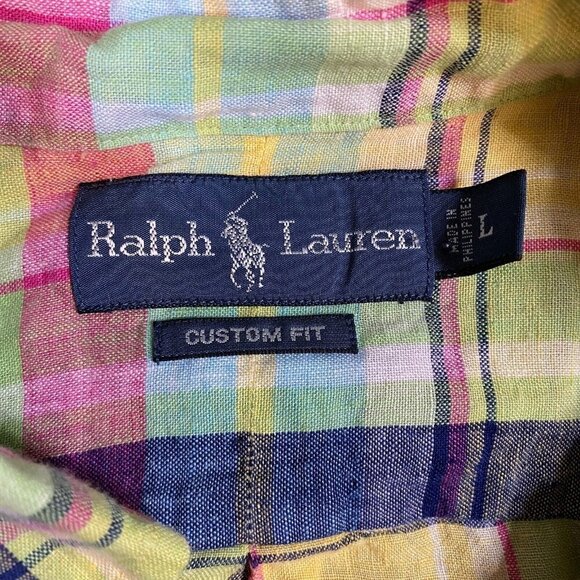 Polo Ralph Lauren Shirt L Blue Plaid 100% Linen Custom Fit Button Down Preppy - Picture 6 of 7